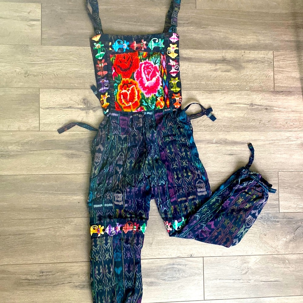 Vintage Guatemalan ikat cotton embroidered overalls, jumpsuit.